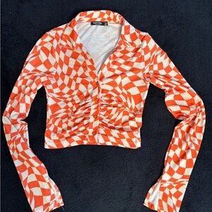 Nastygal orange and white checkered long sleeve top